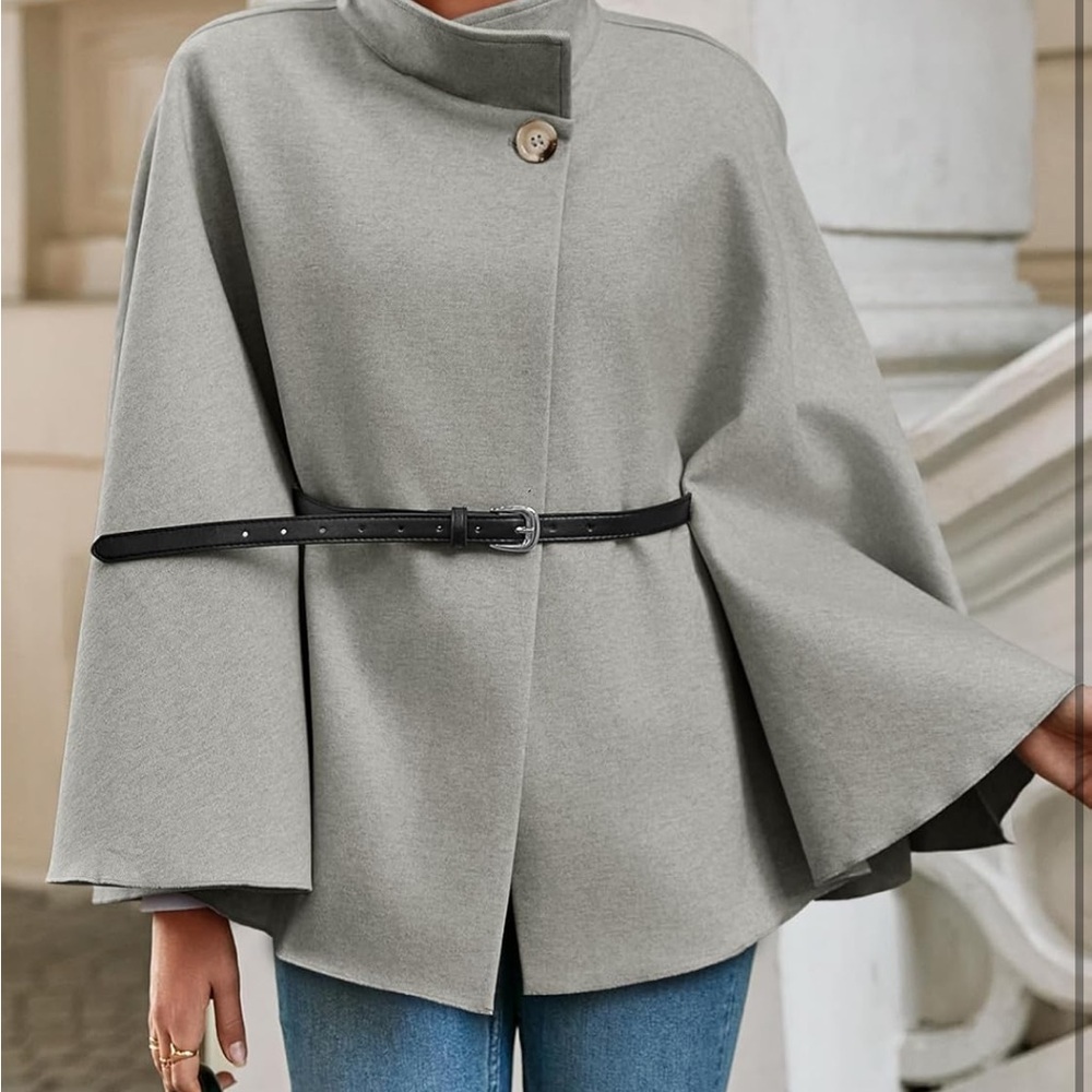 NWT Cicy Bell Gray Tweed Women's Belted Cape Jacket Batwing poncho Small